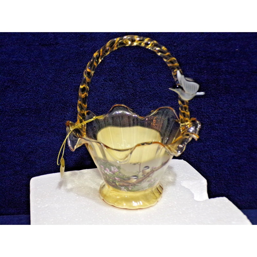 Bradford Exchange Hand Blown Art Glass Deco Basket‎ Chickadee Chorus 2012 Yellow